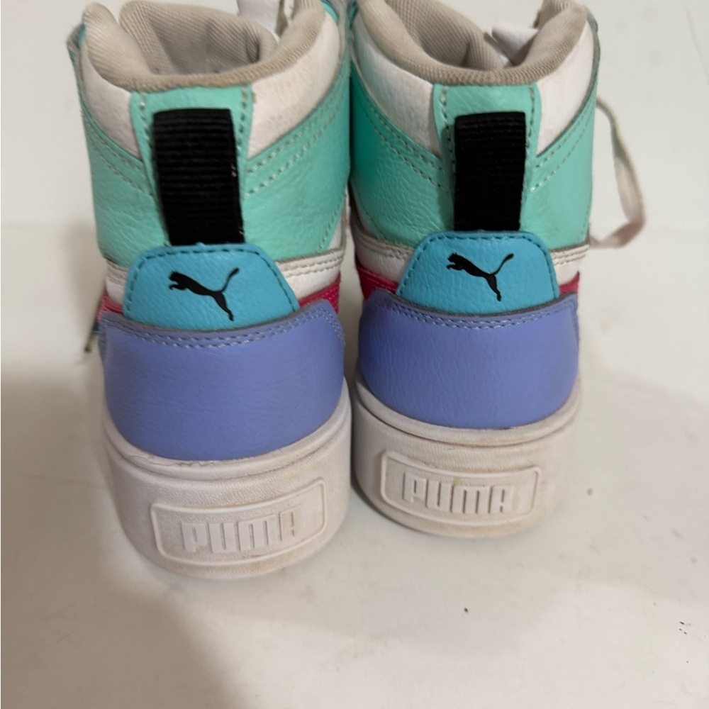 Puma White High Top Sneakers with Pink, Blue, and Green Accents size 5 - Picture 8 of 10